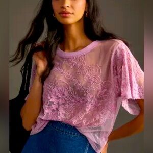 BY ANTHROPOLOGIE SHORT-SLEEVE EMBROIDERED MESH TOP IN MAUVE XS